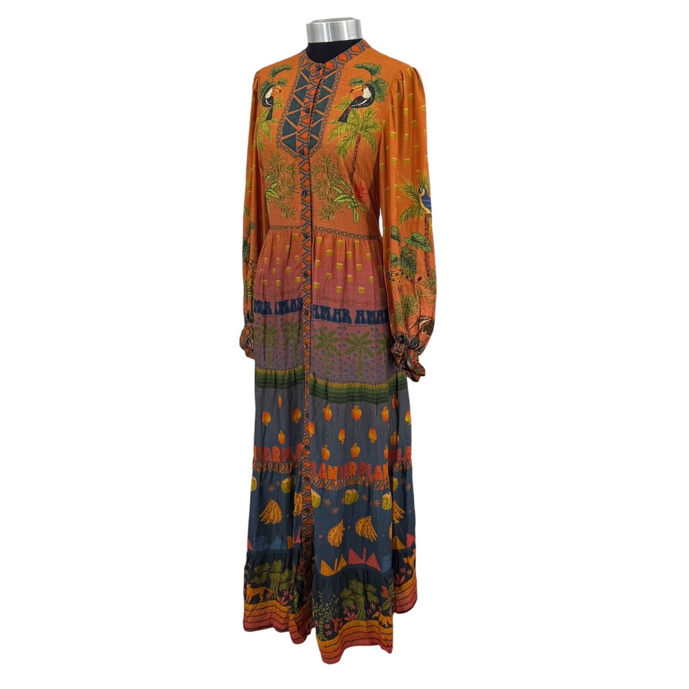 Farm Rio Est Mil Arvor Tropical Jungle Maxi Dress Orange Long‎ Sleeve Small NWT - Picture 2 of 16